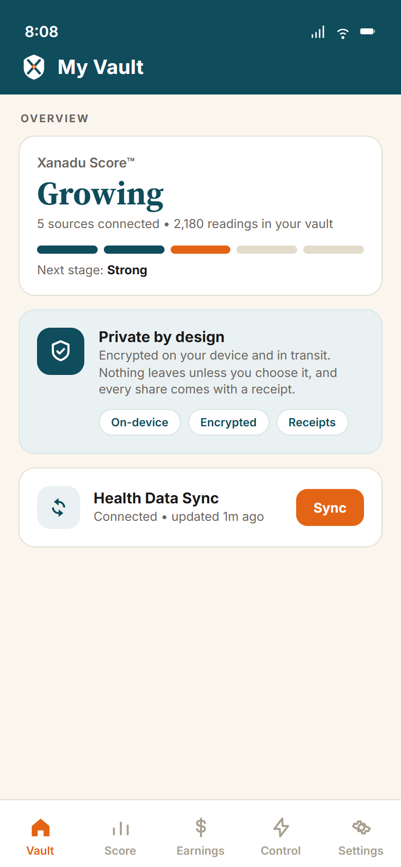 Xanadu My Vault: your data richness score and encrypted vault