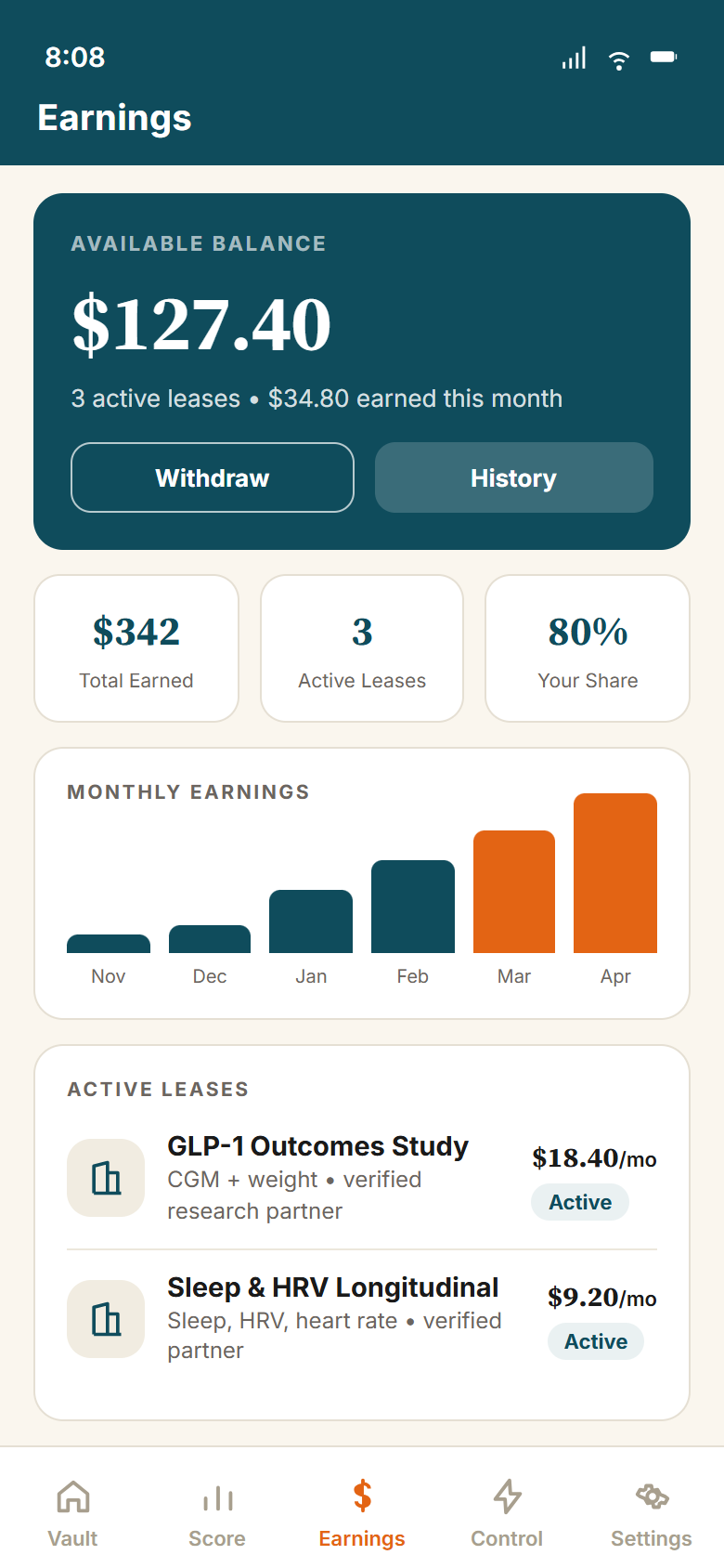Xanadu Earnings: active data leases, payout, and your 80% share