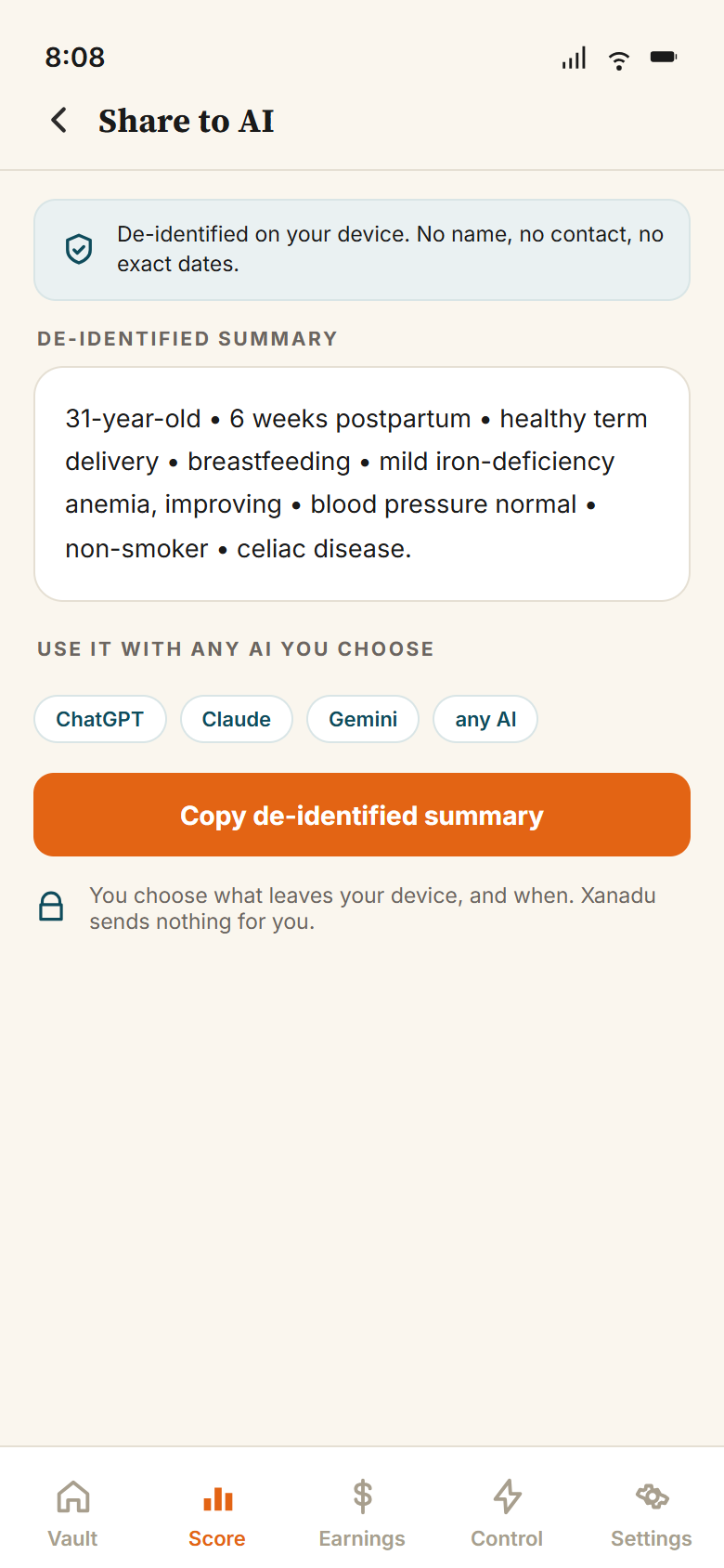 Voice & AI app: a de-identified summary of a postpartum mother, ready to share with any AI